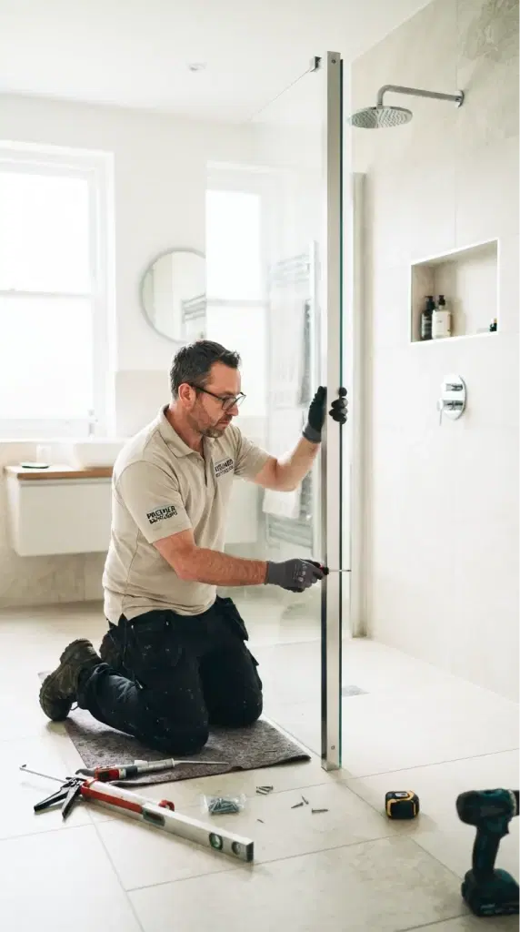 Tradesperson installing a shower and bathroom fittings. Illustrative photograph, not a completed Ecobuild job.