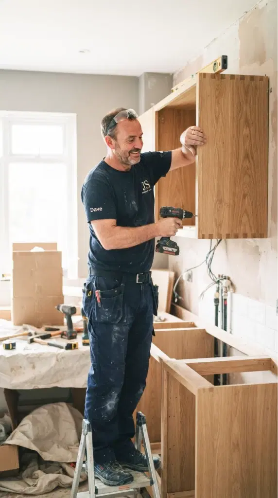 Tradesperson fitting kitchen cabinets. Illustrative photograph, not a completed Ecobuild job.