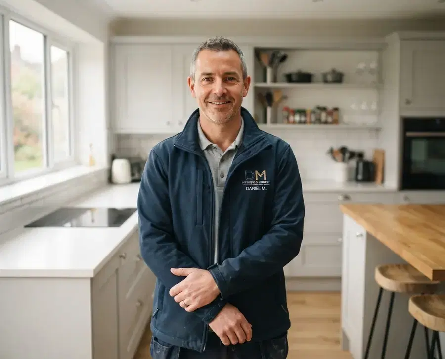 Kitchen specialist reviewing a fitted kitchen. Illustrative photograph.
