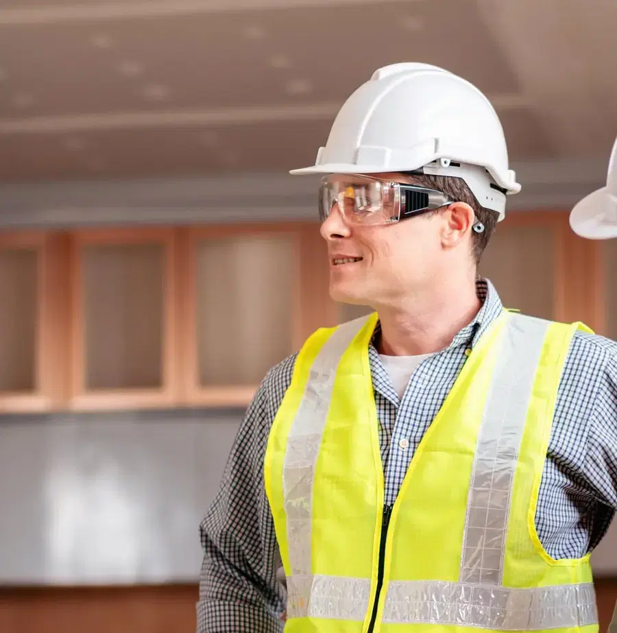 Renovation specialist in a hard hat and high-visibility vest on site. Illustrative photograph.