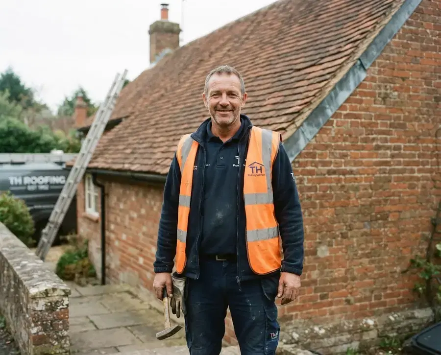 Roofing specialist outside a residential property. Illustrative photograph.