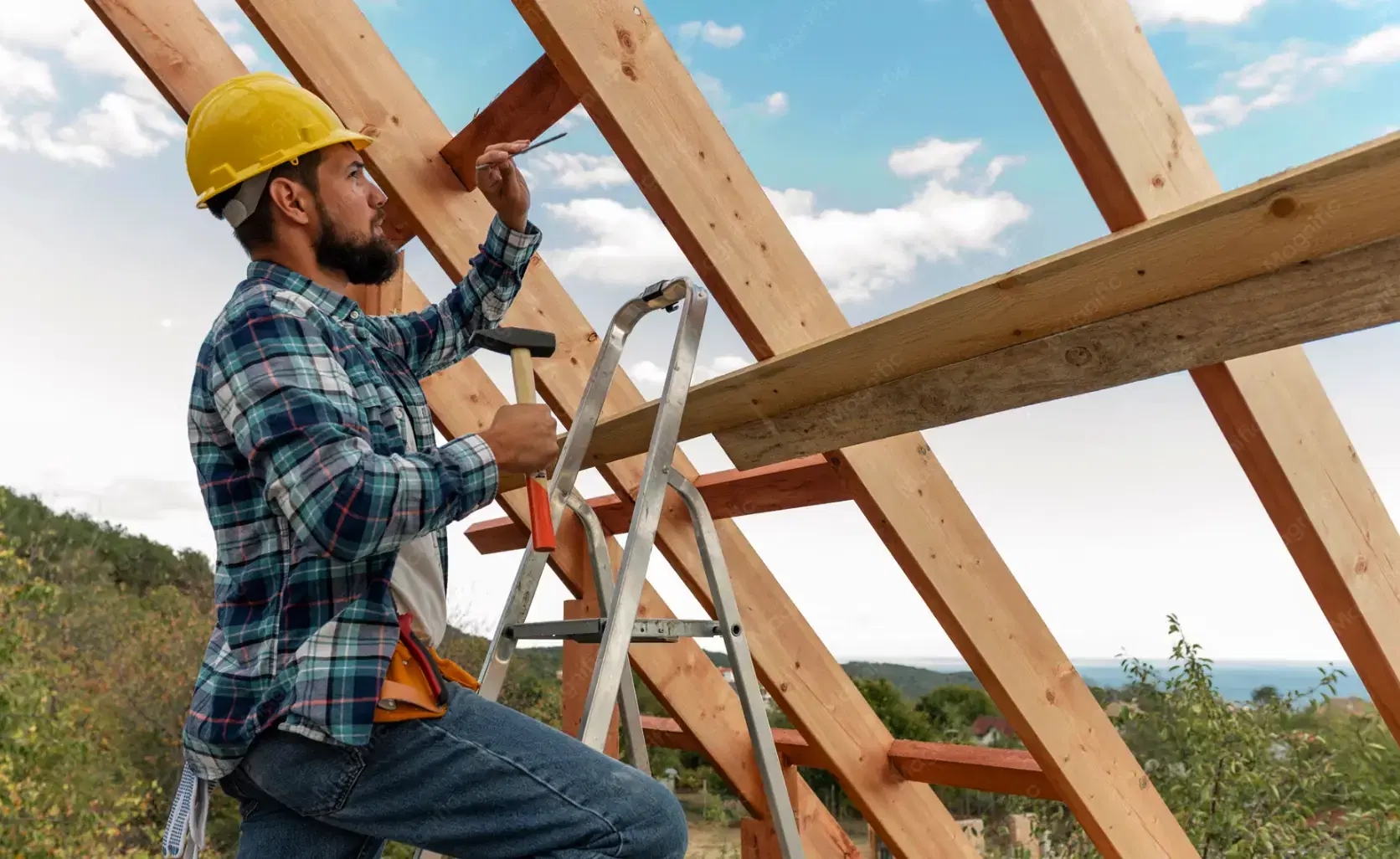 Tradesperson fixing roof timber on a ladder. Illustrative photograph.